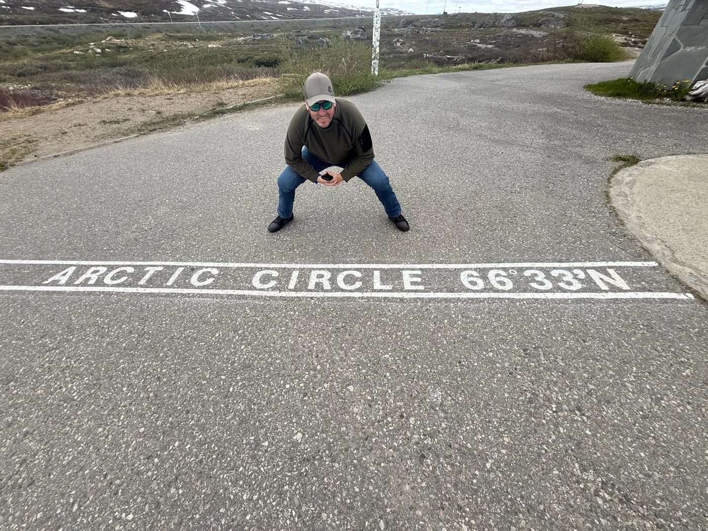James at the Arctic Circle road marking